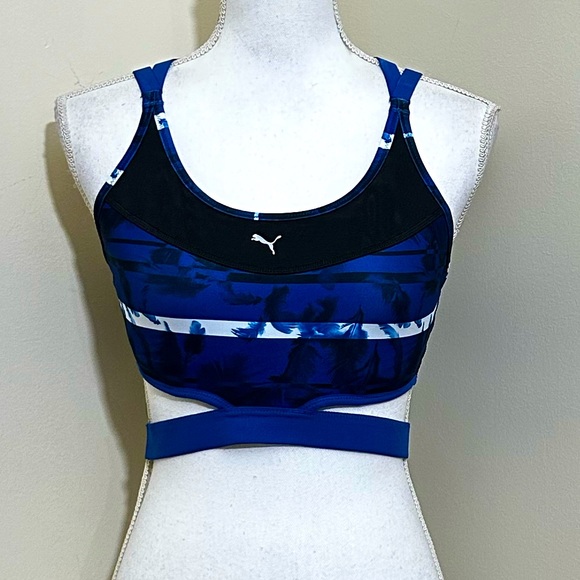 PUMA Womens Pwrshape Future Graphic Bra black blue feather print size L - Picture 2 of 6